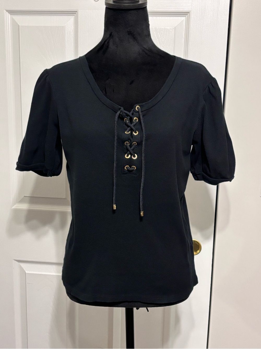 Lauren Ralph Lauren Black Label Lace-Up Gold Grommets Short Sleeve Top Size MP